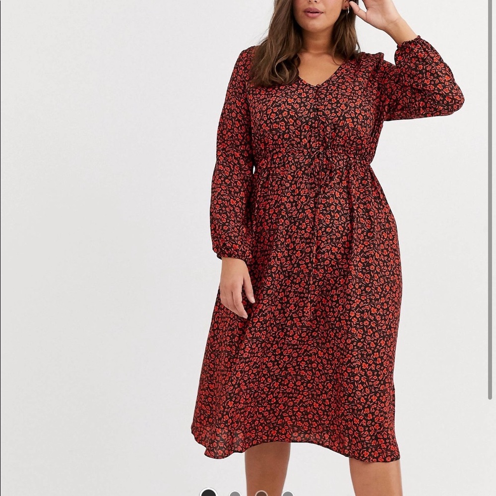 NWT ASOS Tie Waist Midi Dress in Red Ditsy Long Sleeve